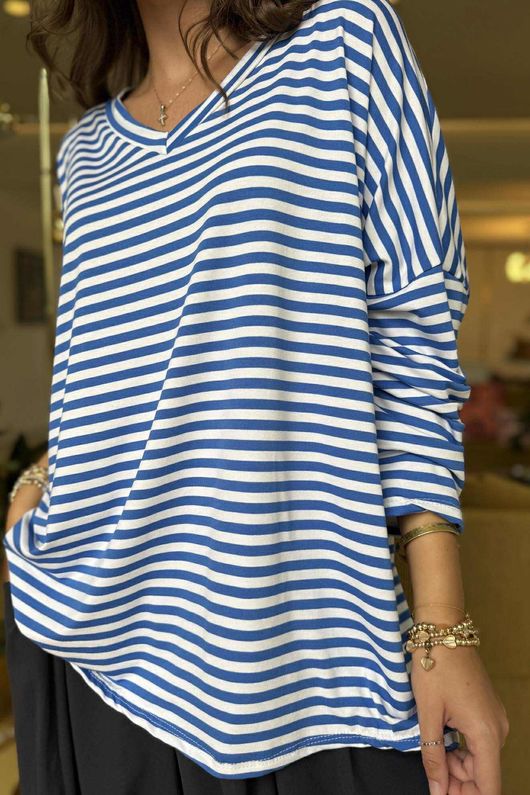Made in Italy Perfect Breton V Long Sleeve Top Med Blue - **
